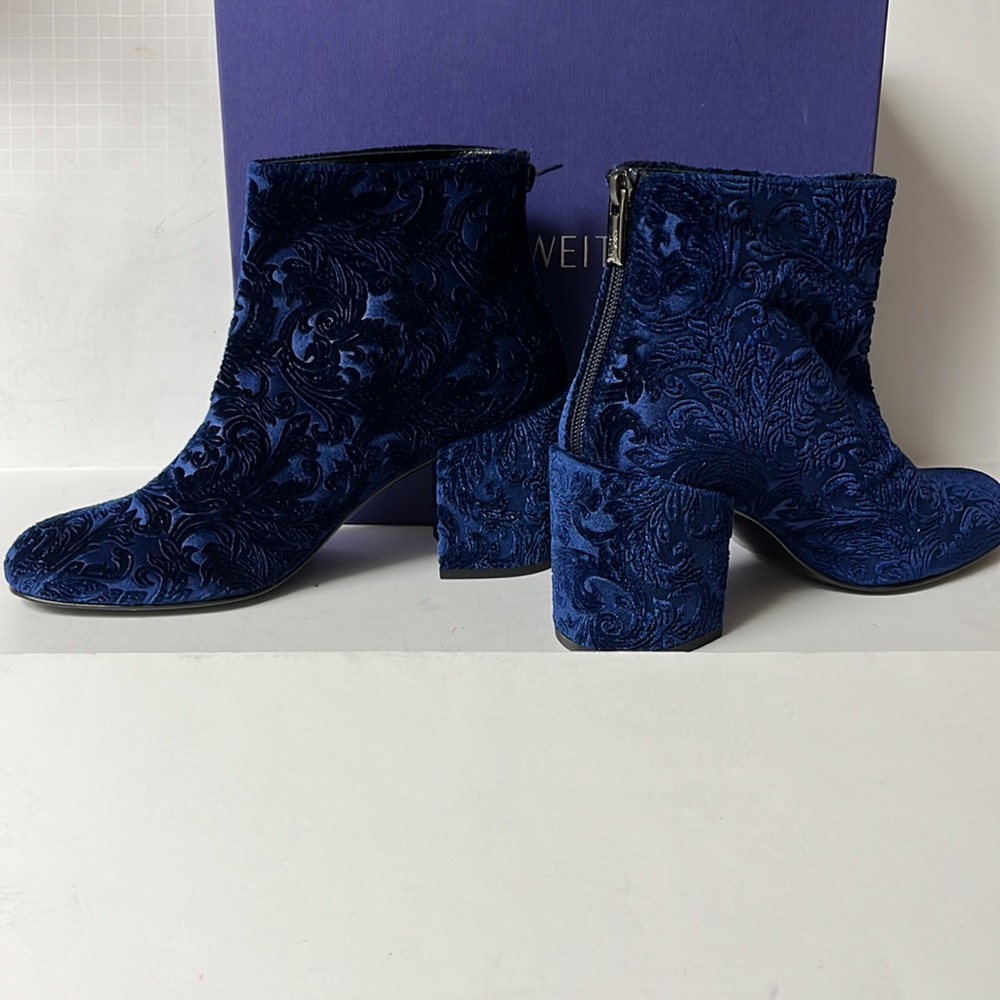 Stuart Weitzman Bacari Ankle Boots Booties in Prussian Romantic Velvet Blue - Picture 3 of 3